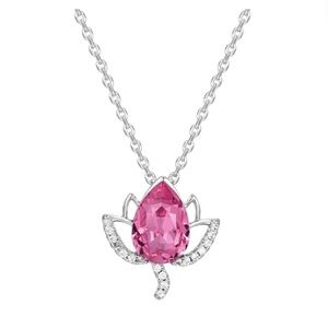 Rhodium Plated Lotus Flower Necklace with Teardrop in Rose Swarovski Crystals